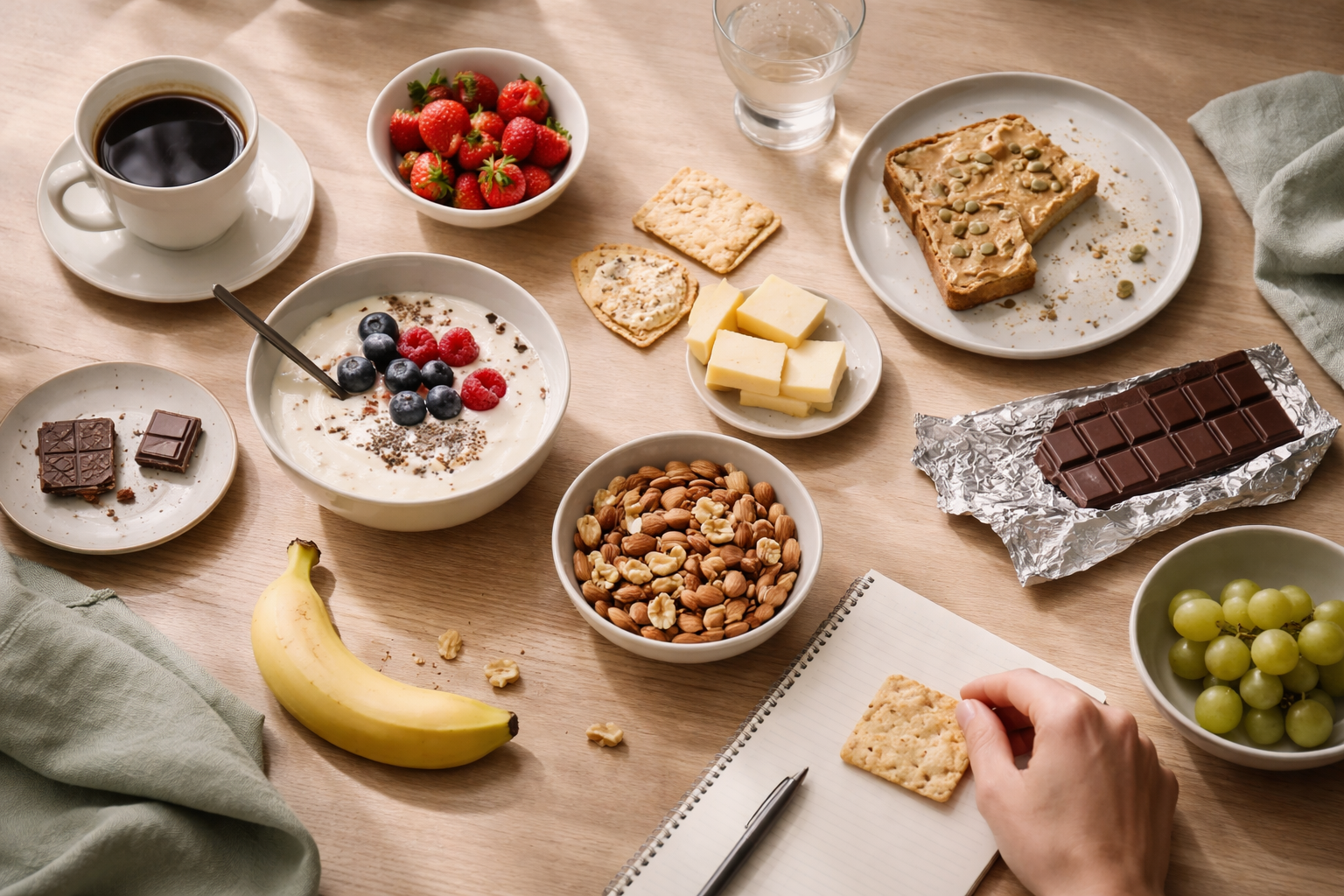 Mesa com alimentos variados em contexto de alimentação cotidiana