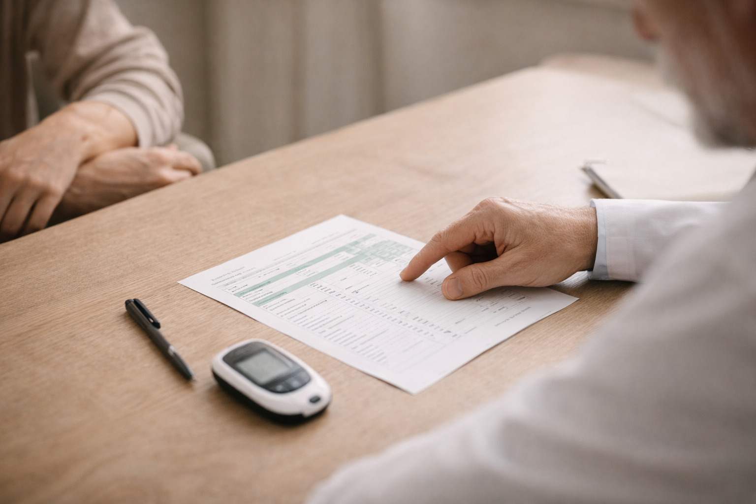 Médica explicando resultados de exames metabólicos